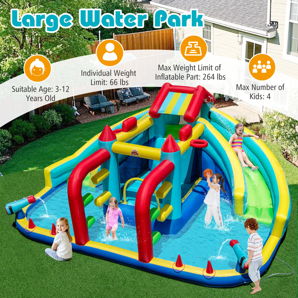 Inflatable double water slide park with obstacle course, featuring slides, cannons, and jumping house for outdoor fun.