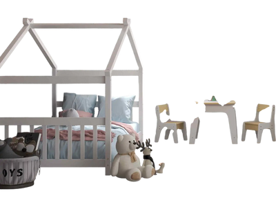 Costway 3-Pc Twin Wooden House Bed Kids Table & Chairs Bookcase Bundle 65323230 New