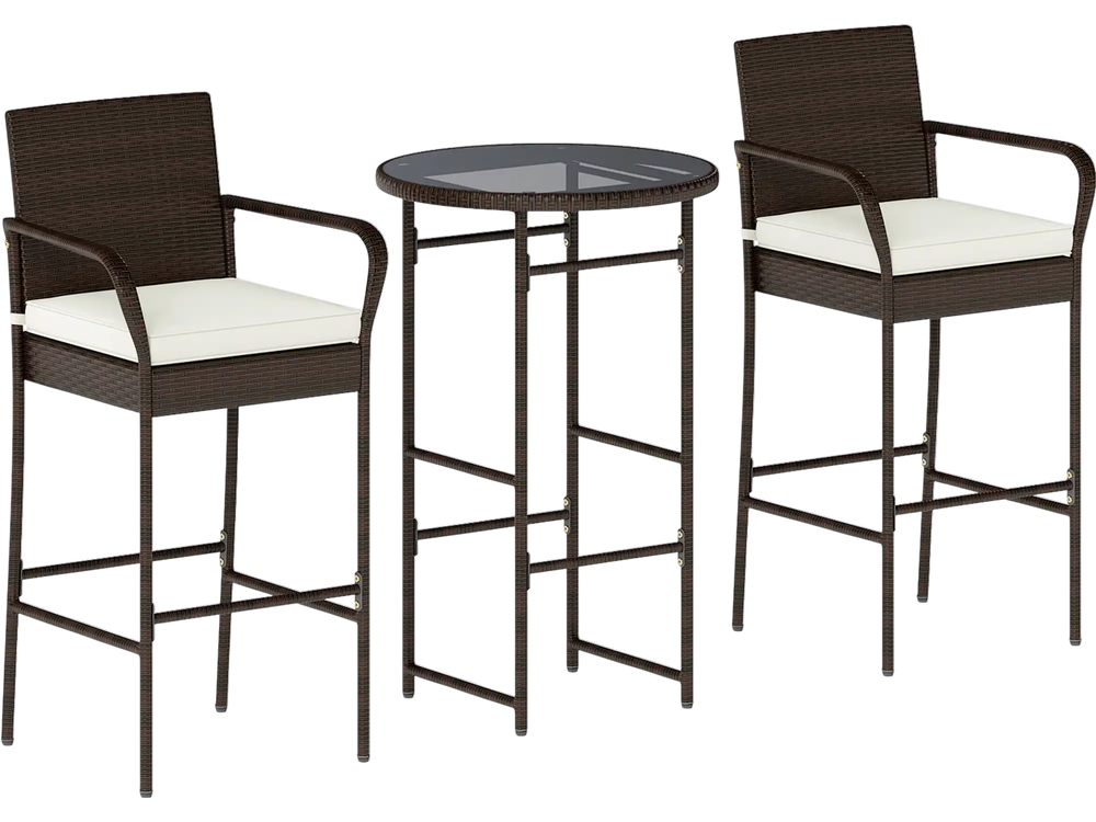 3-piece outdoor bar set featuring two cushioned stools and a glass-top table, perfect for backyard or porch relaxation.
