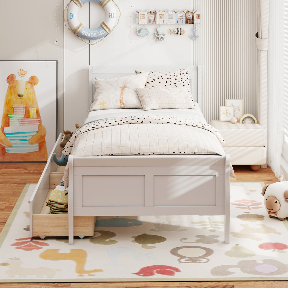 Twin Size Sleigh Bed with 2 Storage Drawers Wood Platform Bed Frame-White - Gallery View 1 of 11