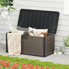 Large black and brown 100-gallon deck box with lockable lid, perfect for storing outdoor pillows and garden tools.