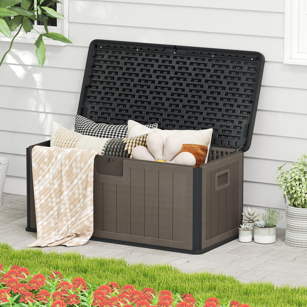 100 Gallon Large Deck Box with Lockable Lid for Patio-Black and Brown - Gallery View 1 of 9