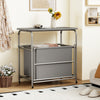 3-section gray laundry sorter with foldable ironing board and lockable wheels, ideal for organizing clothes by color.