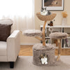 Wood cat tree with cozy perch and sisal scratching posts, featuring soft plush fabric for comfort and play.