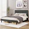 Queen size upholstered bed frame in dark gray with tufted headboard and ample under-bed storage for easy cleaning.