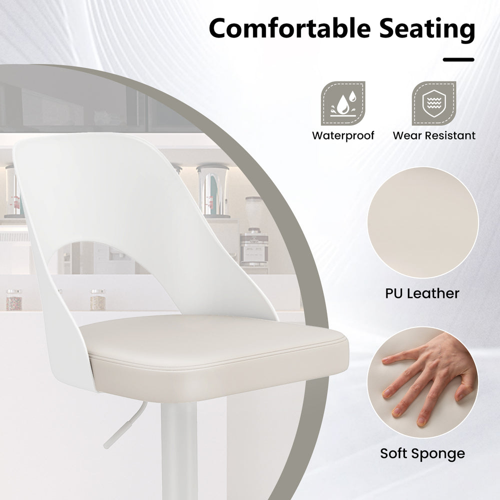 White bar stool with enlarged PU leather seat, soft sponge padding, and ergonomic backrest for comfortable seating.
