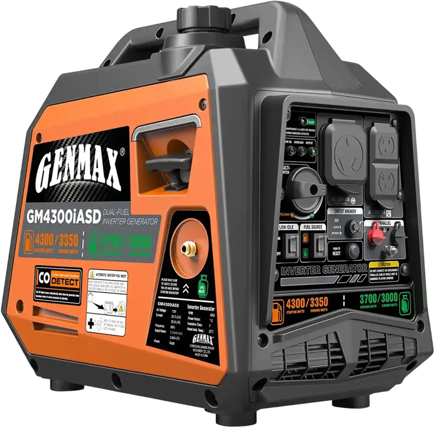 Genmax G4300iASD Generator 3350W/4300W Dual Fuel Gas Propane Inverter Low THD CO Sensor New