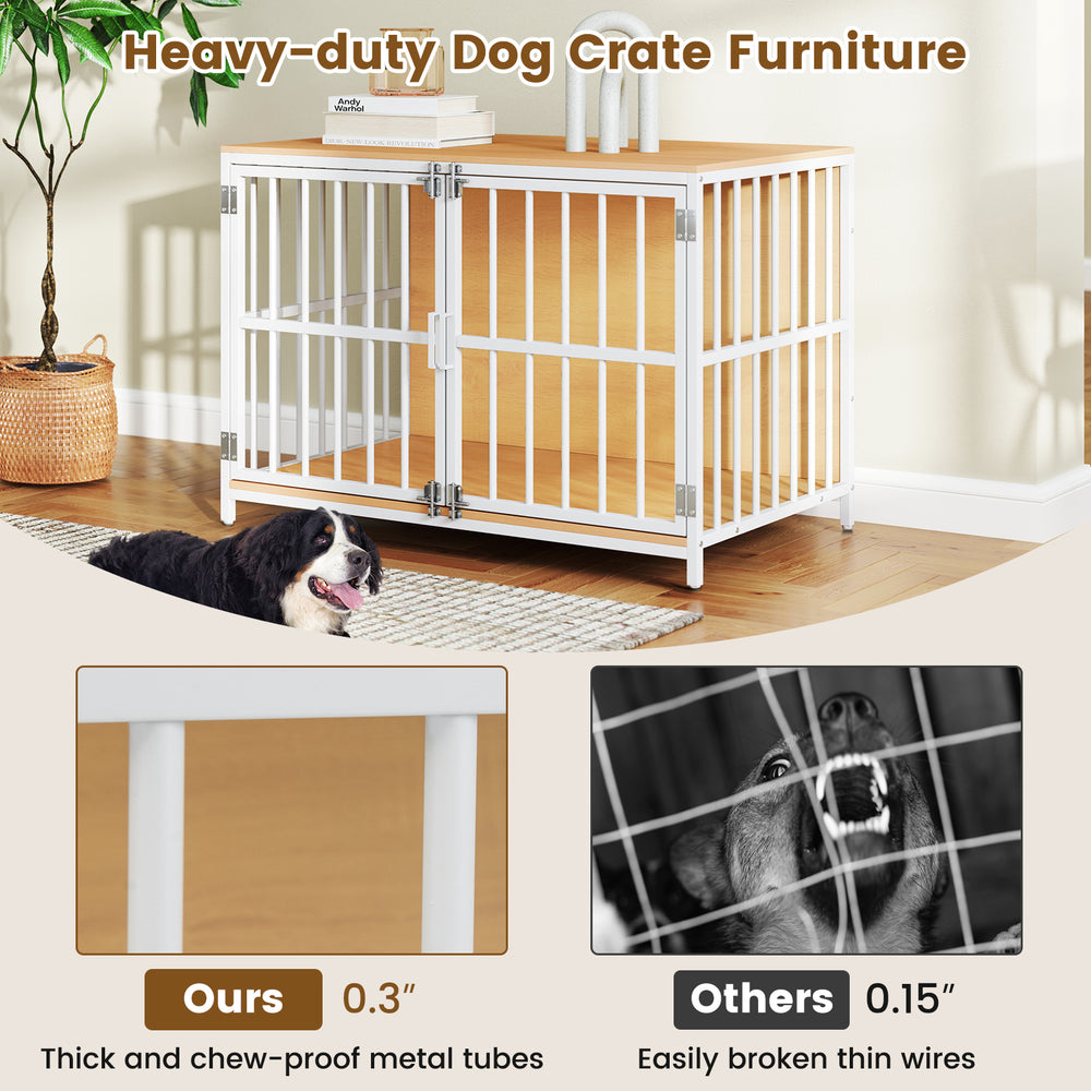 Heavy-duty 40-inch dog crate furniture with dual lockable doors, featuring chew-proof metal tubes and a stable wood.