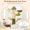 Wall-mounted cat tower with 5 layers, green padded platforms, and soft bed for space-saving feline relaxation.