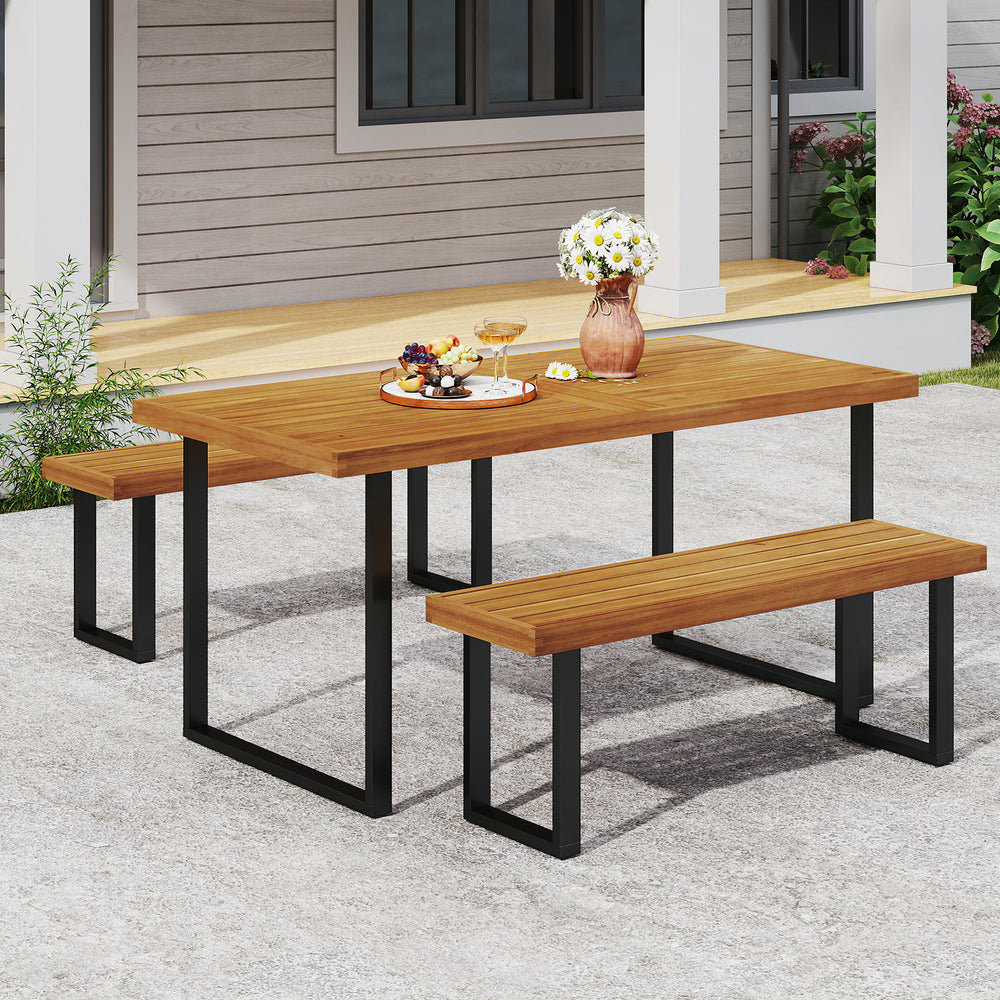 Acacia wood outdoor dining bench with metal frame, 48 inches long, perfect for patio seating and garden use.