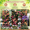 Outdoor wooden raised garden bed with trellis, supporting climbing plants and hanging flower baskets for stylish.