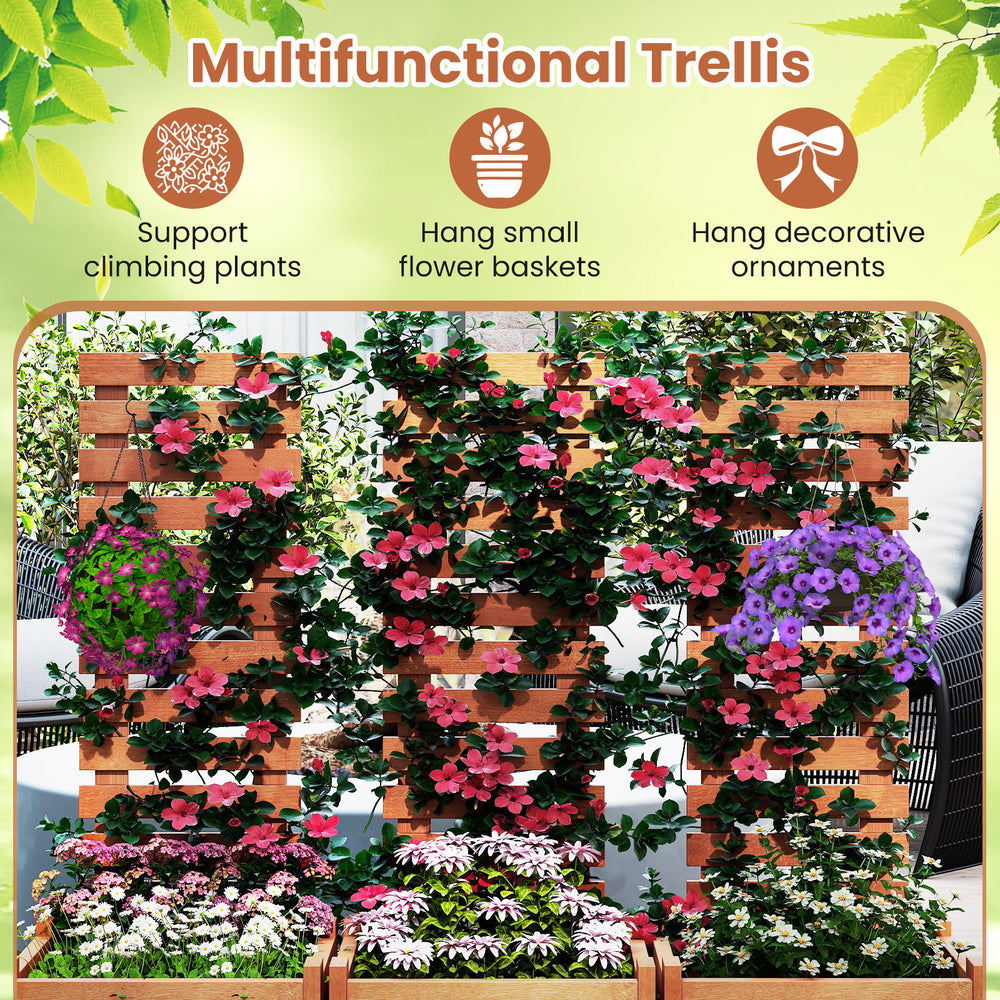 Outdoor wooden raised garden bed with trellis, supporting climbing plants and hanging flower baskets for stylish.