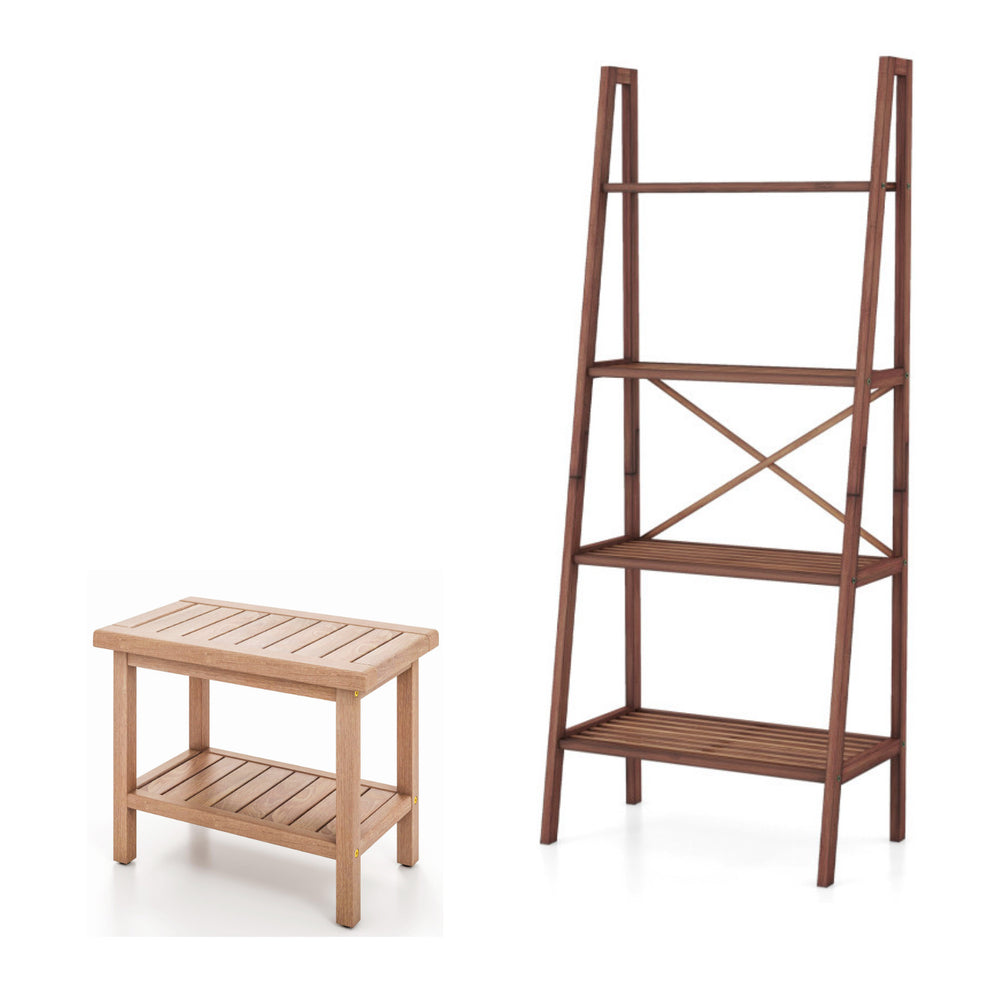 Teak utility bench and bamboo ladder shelf set for laundry supplies, featuring a space-saving design and durable.