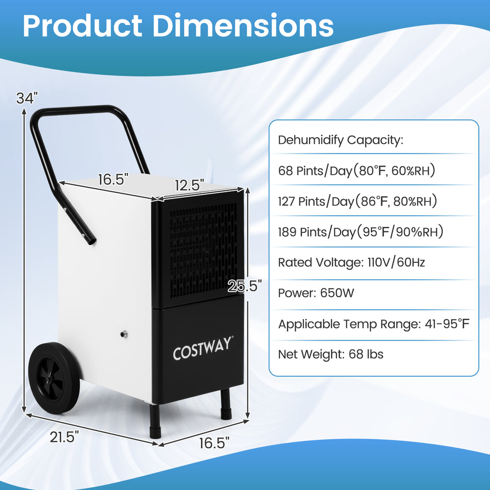 Dimensions of the 189 Pints Commercial Dehumidifier with built-in pump, ideal for large spaces like gyms and factories.