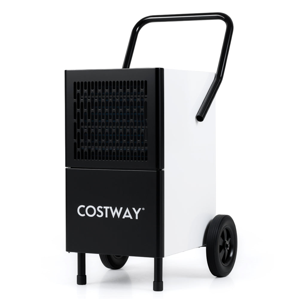 Commercial dehumidifier in black with large wheels and handle, perfect for easy mobility in warehouses and garages.