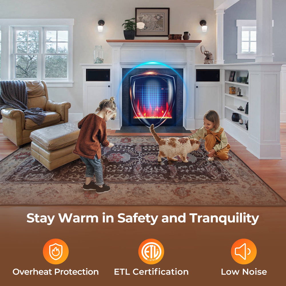 18-inch electric fireplace insert with overheat protection, showcasing customizable warmth and low-noise operation for.