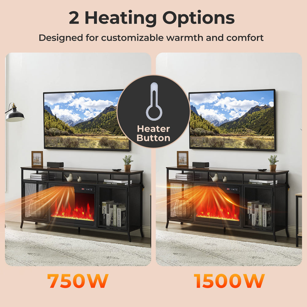 Electric fireplace insert showing 750W and 1500W heating options, designed for customizable warmth and comfort.