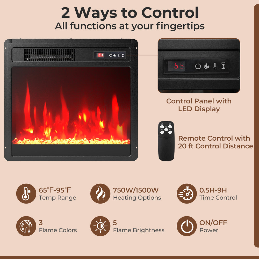 18-inch electric fireplace insert with LED display, remote control, and customizable heat options for cozy indoor.