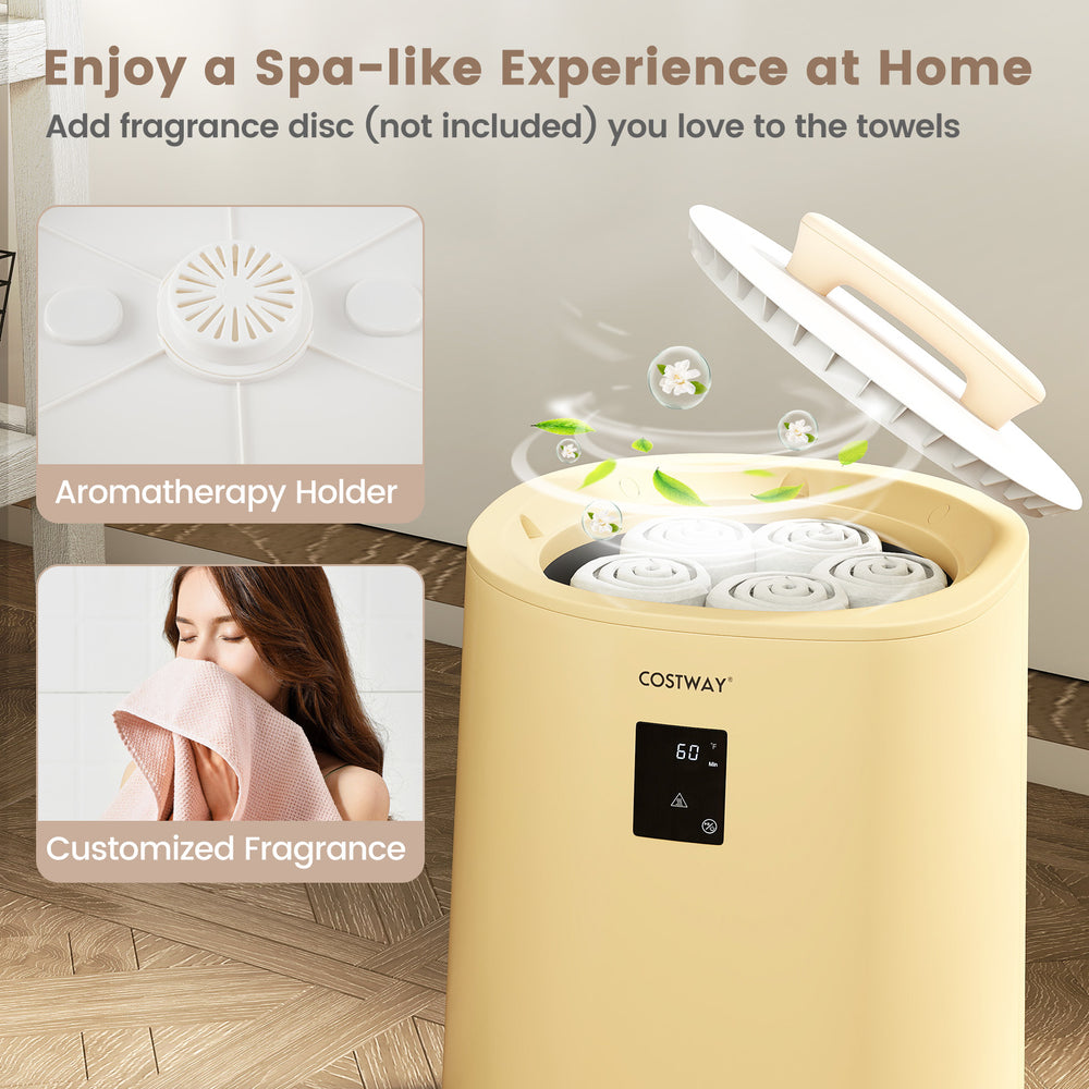 Large yellow towel warmer with LED display, aromatherapy holder, and 18L capacity for spa-like warmth at home.