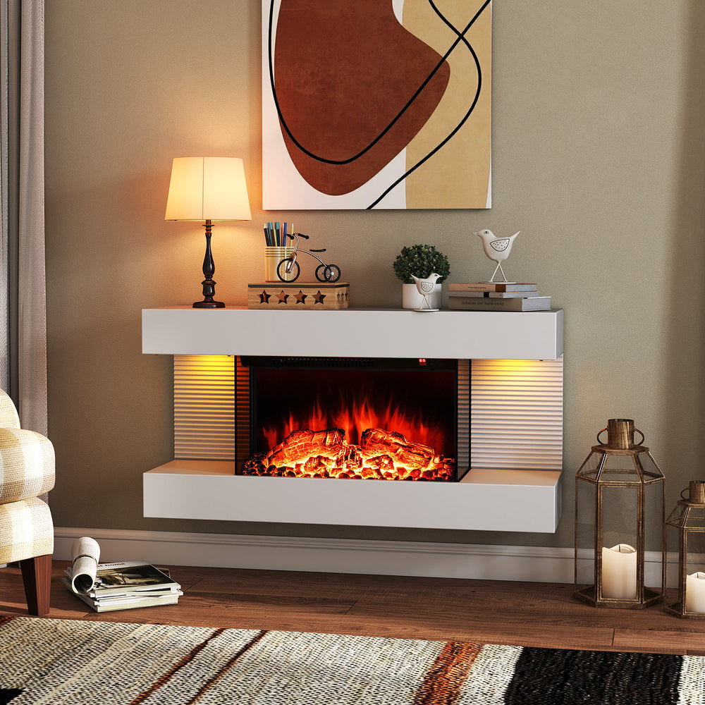 Modern 3-sided wall-mounted electric fireplace with floating mantle, featuring adjustable flame colors and LED lights.
