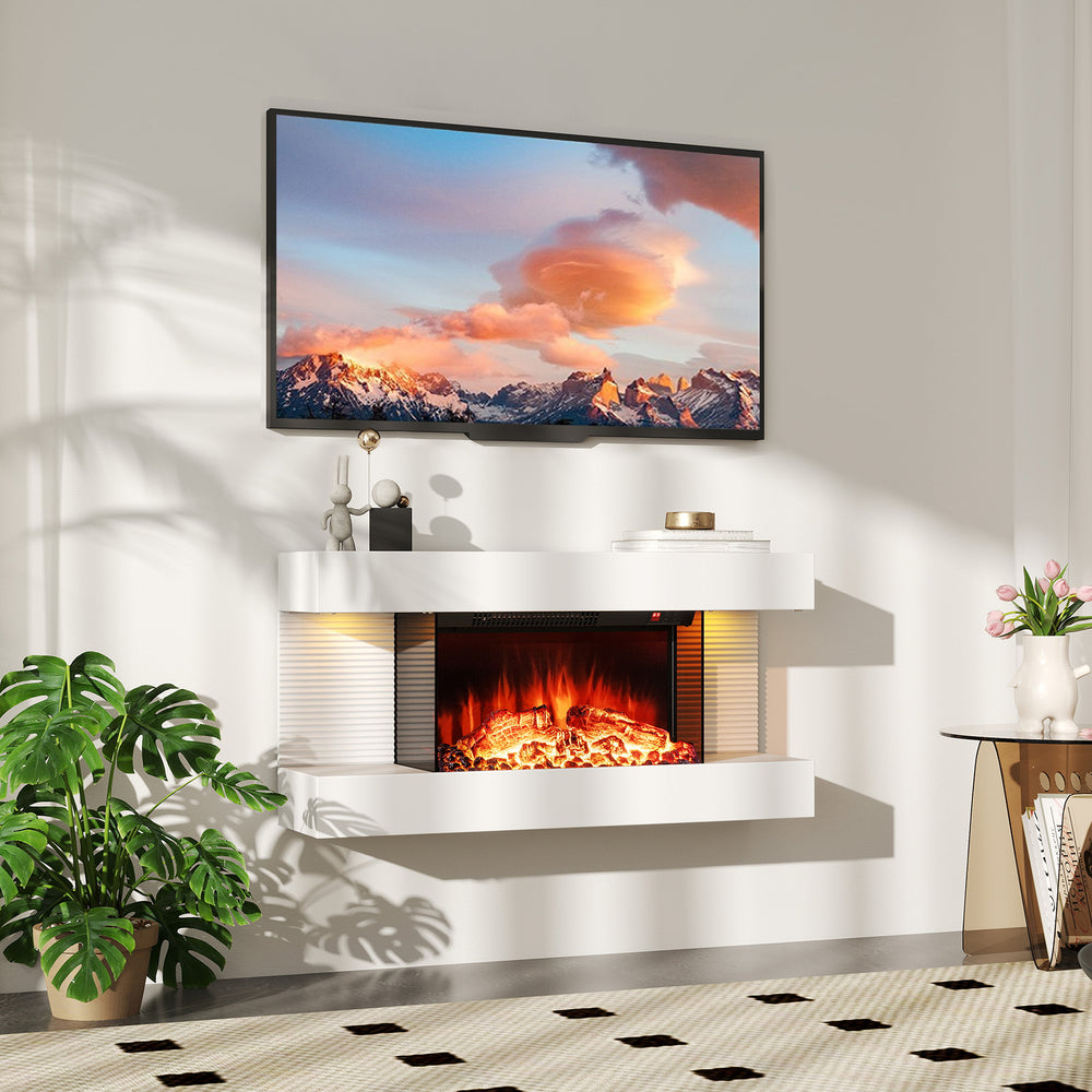 Wall-mounted electric fireplace with 3-sided glass, 12 flame colors, and modern floating mantle for cozy ambiance.