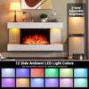 Wall-mounted electric fireplace with 3-sided glass, 12 ambient LED colors, and modern floating mantel design for cozy.