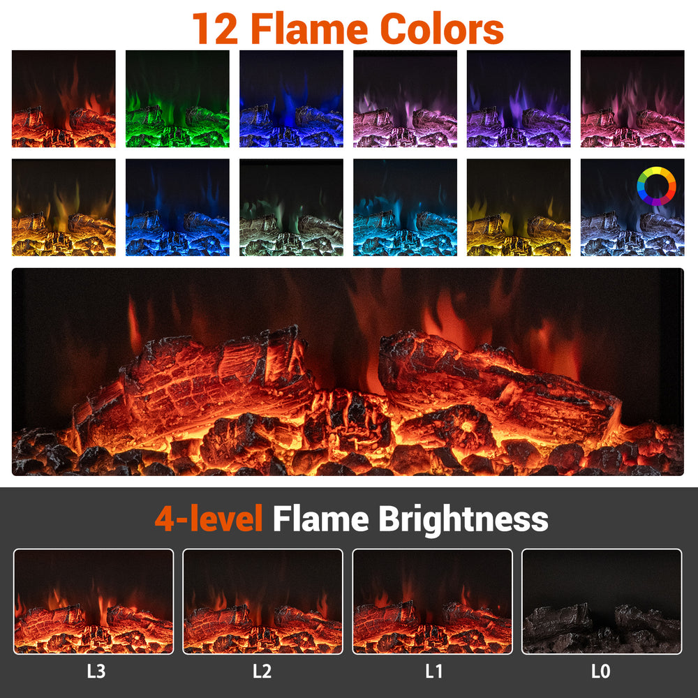 3-sided wall-mounted electric fireplace showcasing 12 flame colors and 4 brightness levels for customizable ambiance.