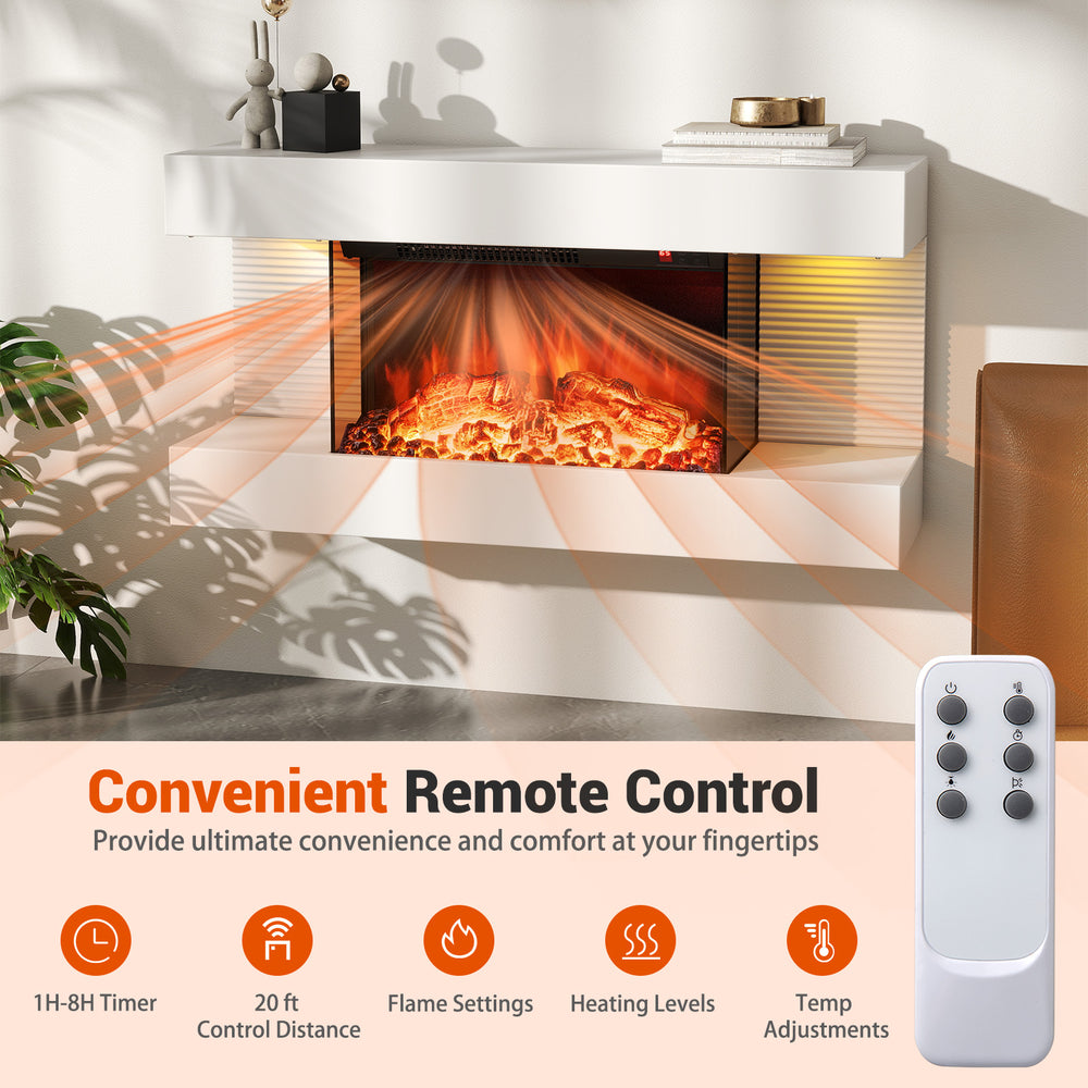Wall-mounted electric fireplace with remote control, 3-sided glass, 12 flame colors, and 750W/1500W heat settings.