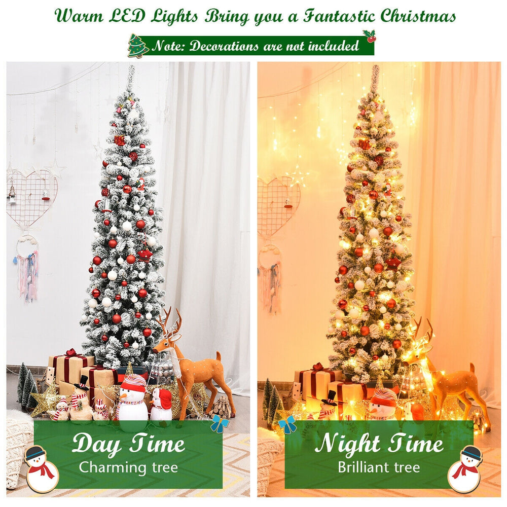 7.5 feet pre-lit snow flocked artificial pencil Christmas tree with 350 warm LED lights, perfect for limited spaces.