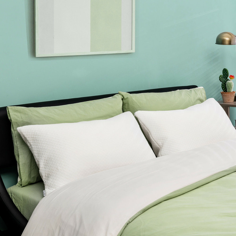 Set of 2 shredded memory foam bed pillows with bamboo cooling cover, ideal for back, side, and stomach sleepers.