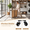 Laundry hamper with lid features a 2-section design, lockable wheels, and bamboo slats for stylish and easy mobility.