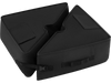 Black 18.5" square umbrella base weight with detachable design, made of weatherproof fabric for outdoor use.