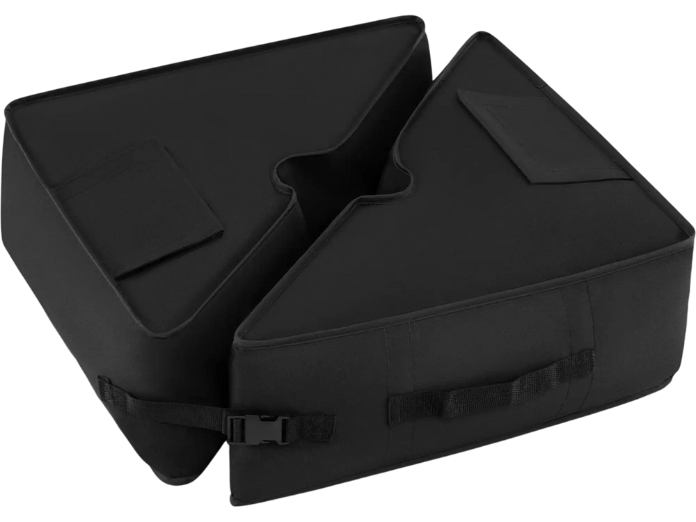 Black 18.5" square umbrella base weight with detachable design, made of weatherproof fabric for outdoor use.