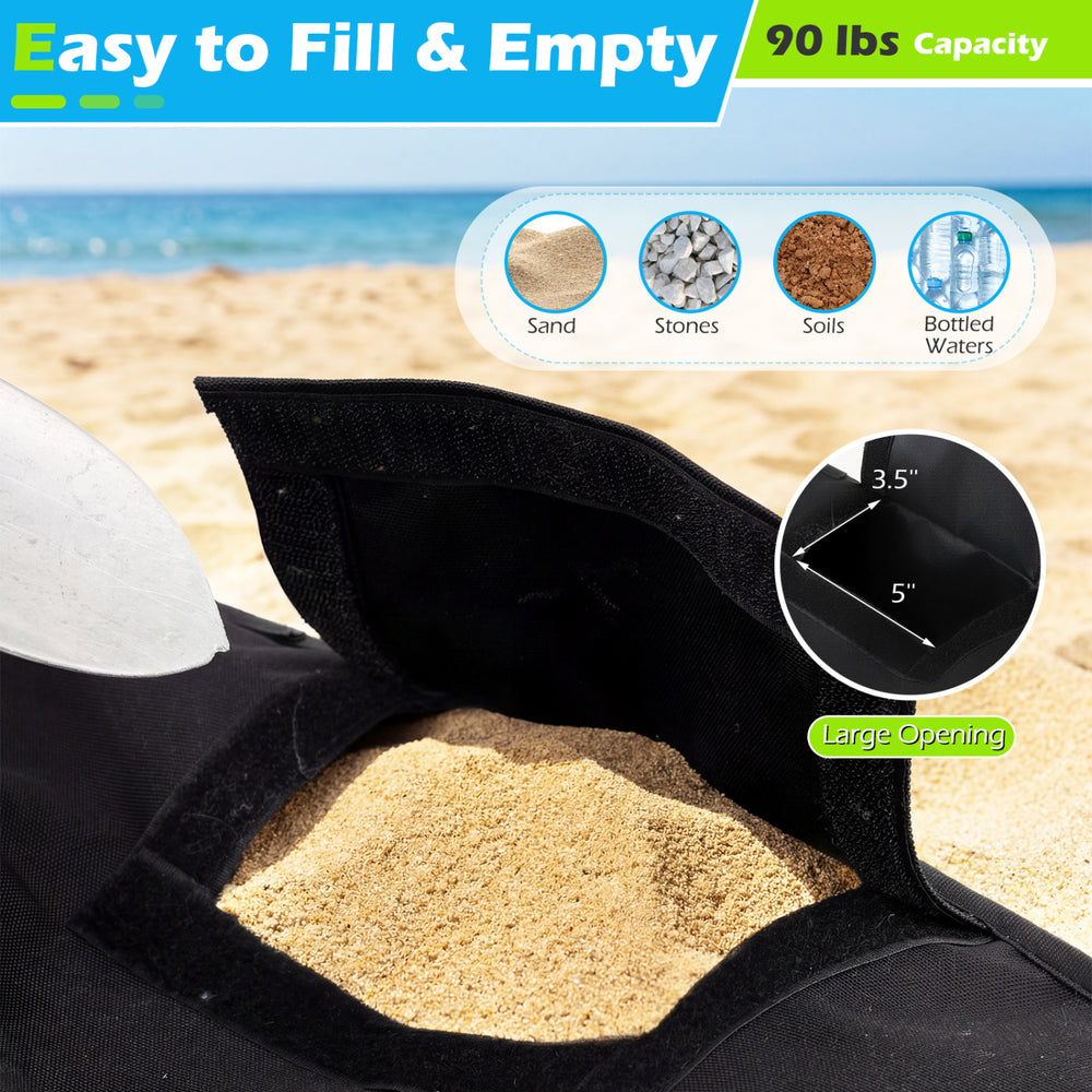 Large opening of the 18.5" square umbrella base weight in black, designed for easy filling with sand or stones.