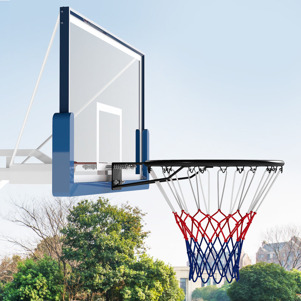 18" heavy-duty basketball rim with solid metal frame and all-weather net, ideal for indoor and outdoor play.
