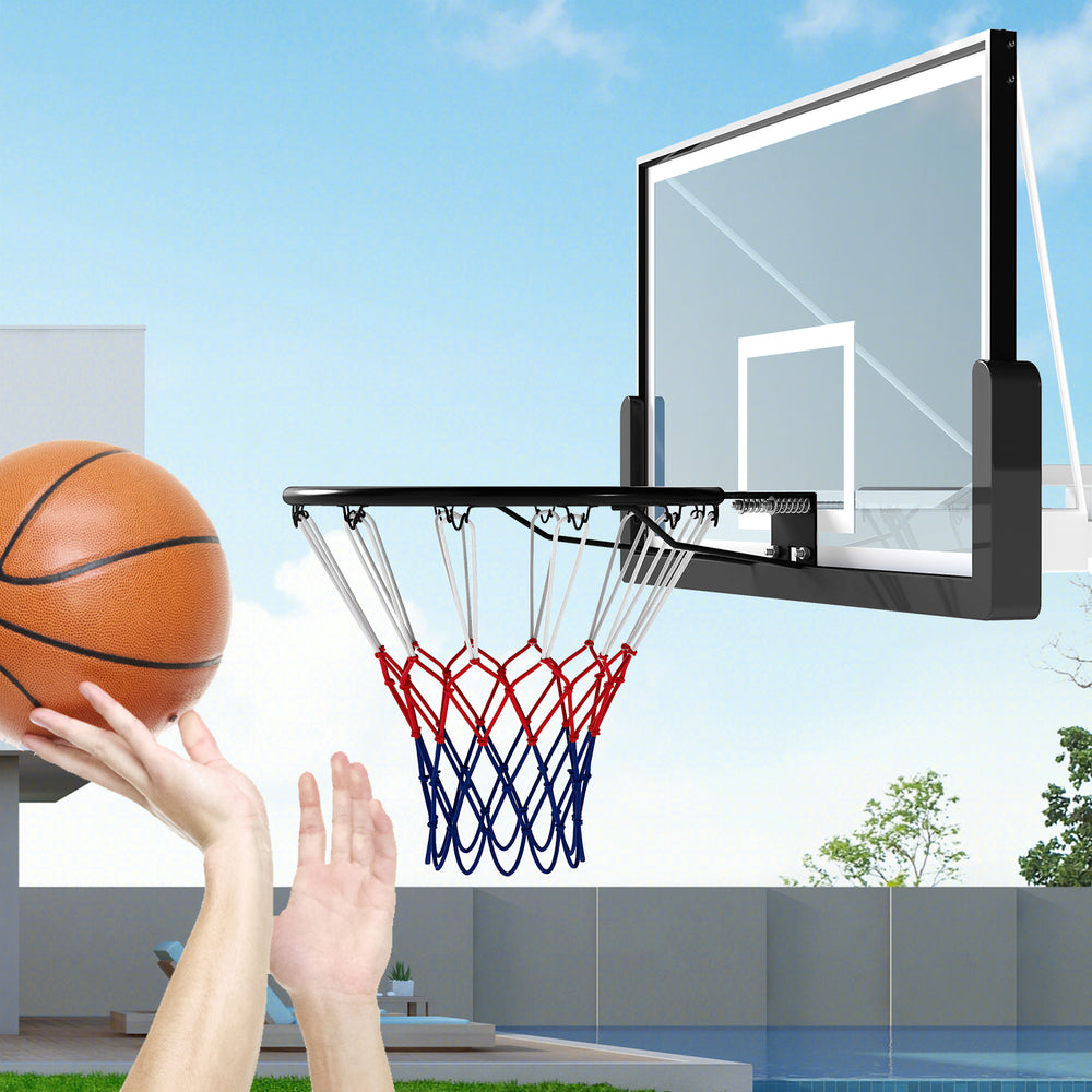 18" heavy-duty wall-mounted basketball rim with durable net, ideal for indoor and outdoor play.