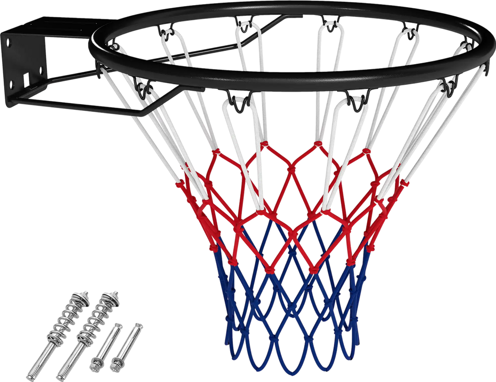 18" heavy-duty black basketball rim with all-weather net, ideal for indoor and outdoor play, includes mounting hardware.