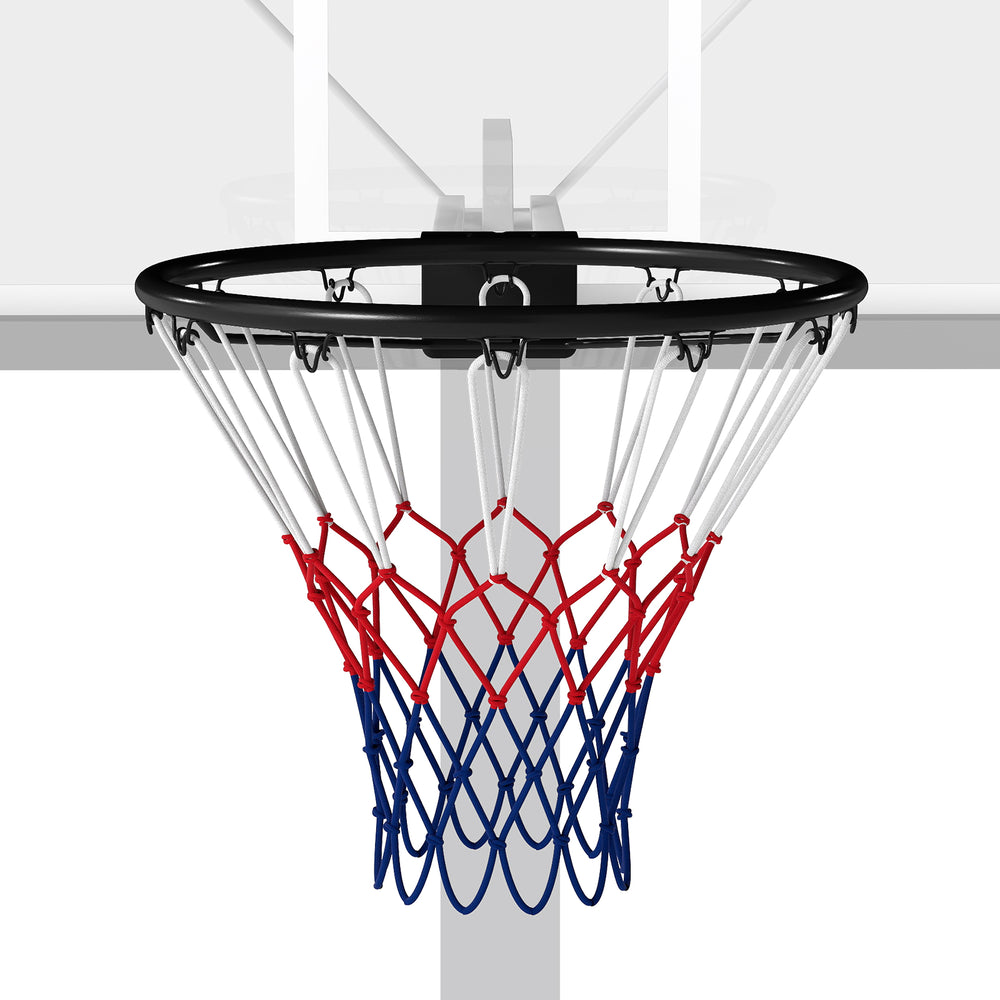 18" heavy-duty basketball rim with black metal frame and durable red and white net, perfect for indoor and outdoor play.
