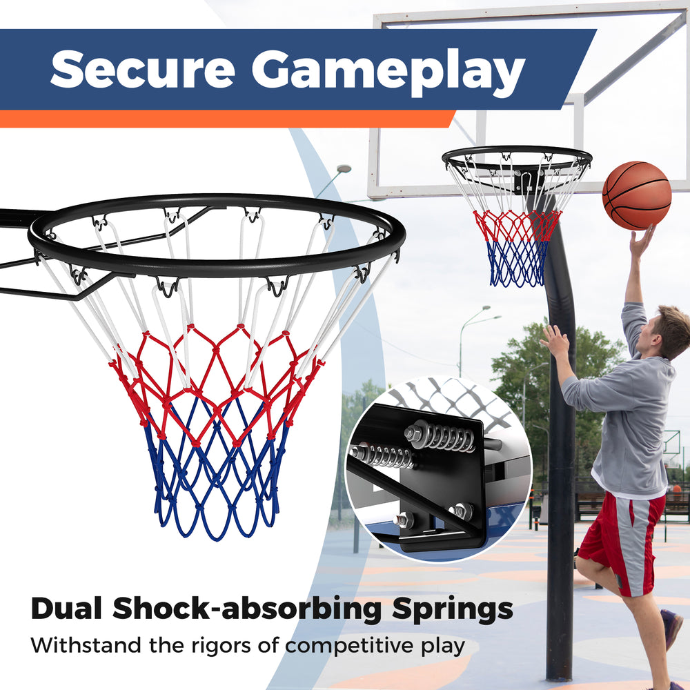 18" heavy-duty basketball rim with dual shock-absorbing springs, designed for indoor and outdoor gameplay.