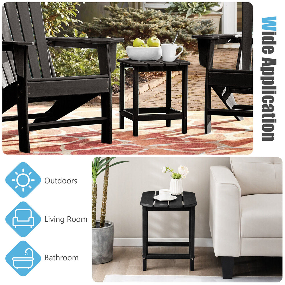 Black 18-inch weather-resistant side table, perfect for outdoor use with Adirondack chairs, easy to clean and maintain.