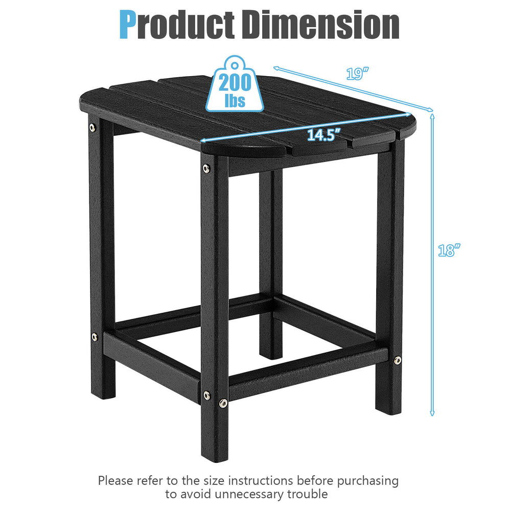 18-inch black weather-resistant side table with a large tabletop, perfect for outdoor use by the pool or patio.