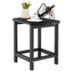 Black 18-inch weather-resistant side table made of HDPE, perfect for outdoor use beside Adirondack chairs.