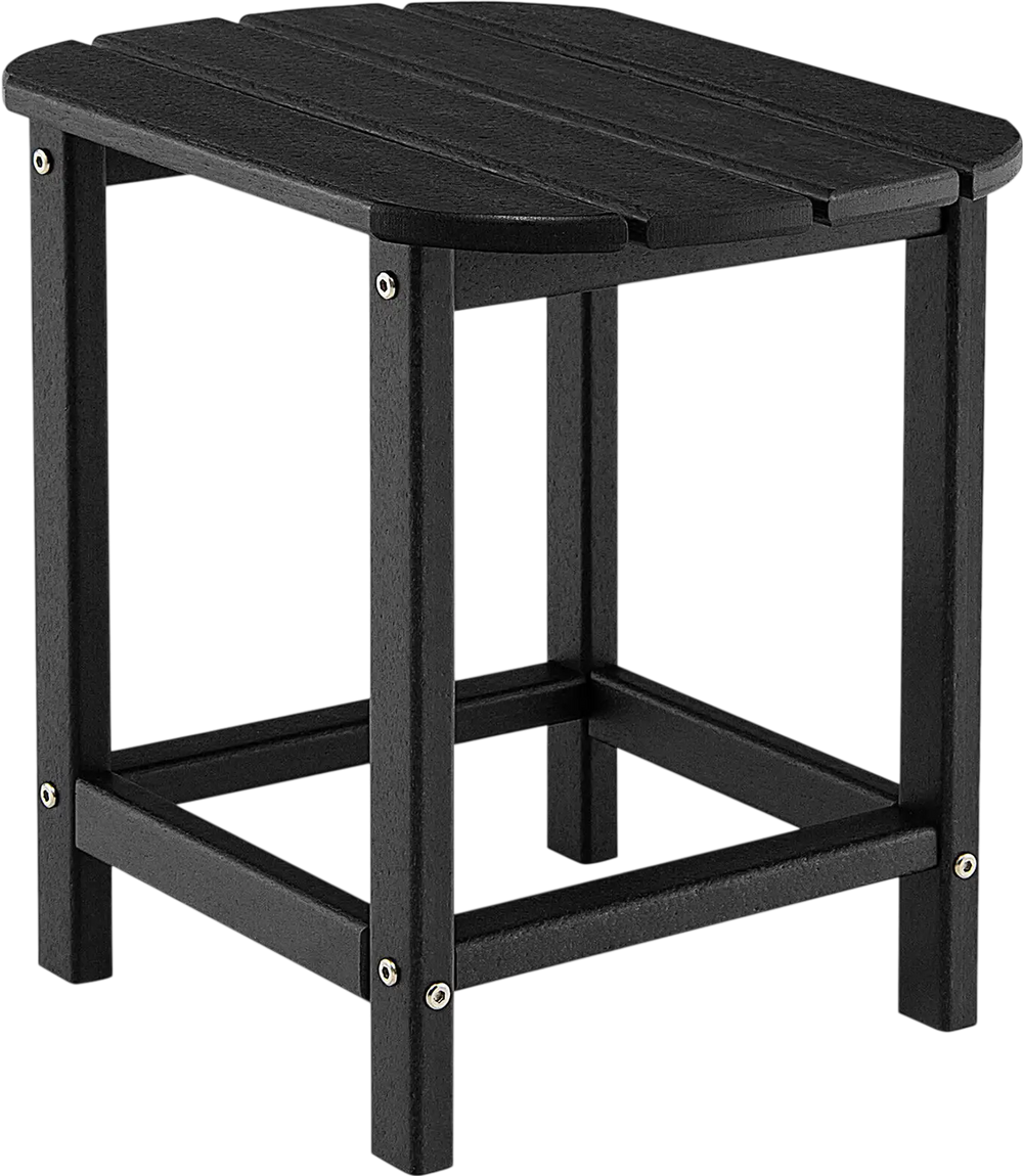 Black 18-inch weather-resistant side table made of HDPE, perfect for outdoor use with Adirondack chairs or indoors.