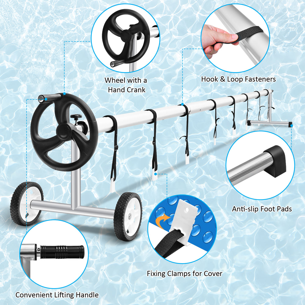 Aluminum pool cover reel set with hand crank, adjustable for 4-18 ft pools, includes straps and non-slip foot pads.