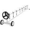 Aluminum pool cover reel set with wheels, adjustable for 4 to 18 feet pools, includes 8 straps for easy cover.