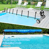 Aluminum pool cover reel set for in-ground pools, adjustable for 4-18 ft, featuring wheels and hand crank for easy use.