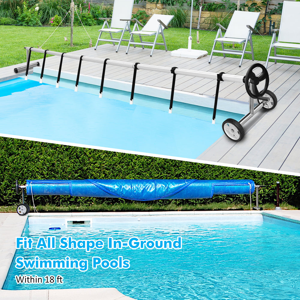 Aluminum pool cover reel set for in-ground pools, adjustable for 4-18 ft, featuring wheels and hand crank for easy use.