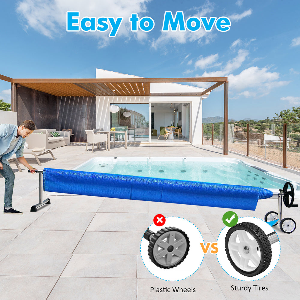Aluminum pool cover reel set with sturdy wheels, designed for easy movement and suitable for 4 to 18 feet pools.