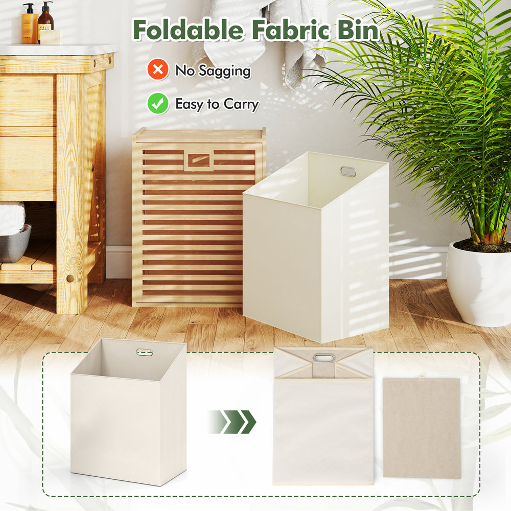 Natural bamboo tilt-out laundry hamper with removable foldable fabric bin, ideal for bathrooms and laundry areas.