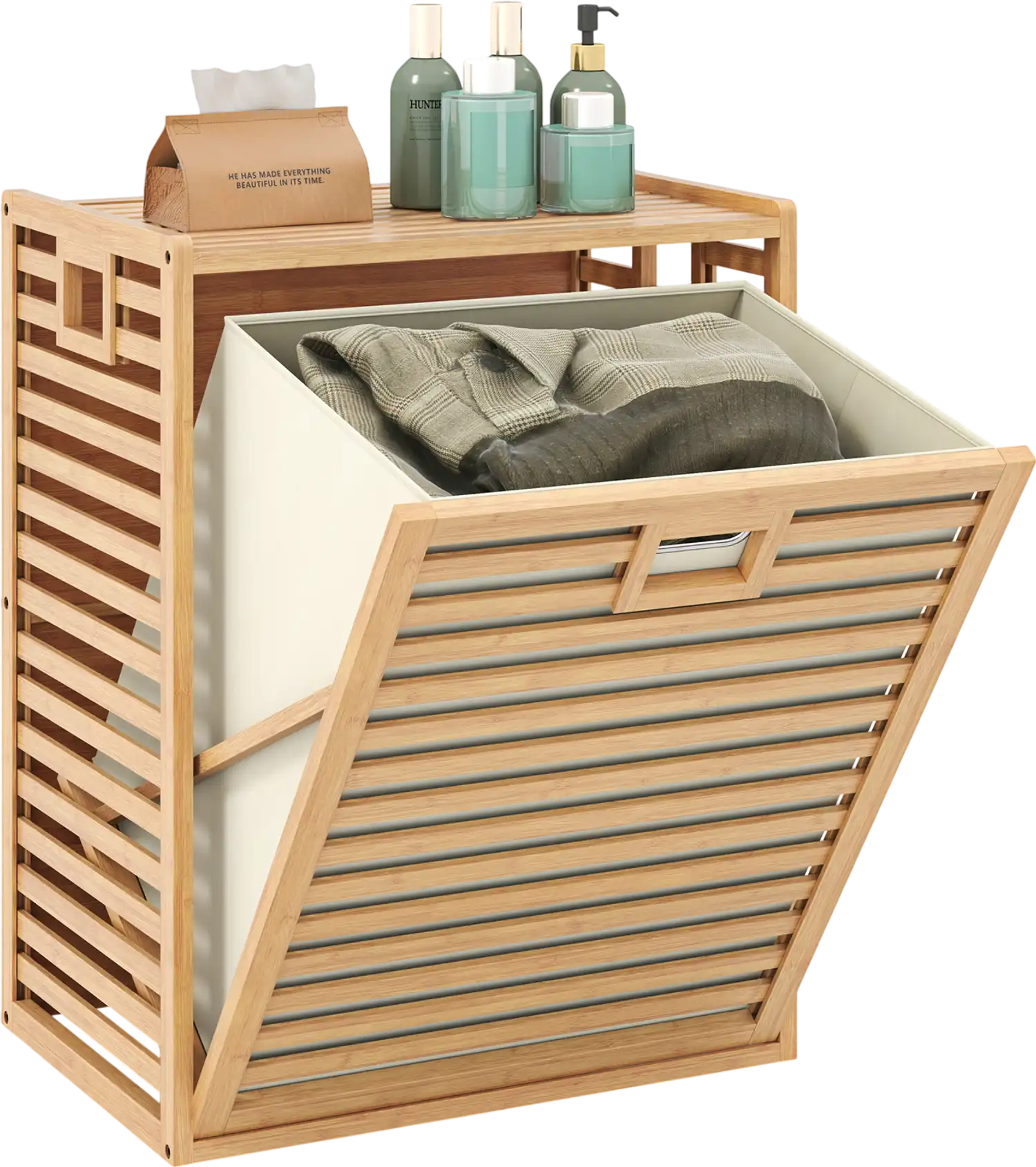 Costway 18 Gal Bamboo Tilt-Out Laundry Hamper Removable Fabric Bin 924571863 New